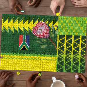 South Africa National Football Puzzle King Protea with African Tribal Geometric Pattern Culture Art