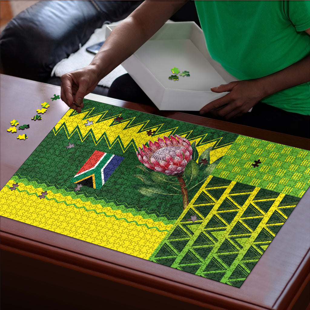 South Africa National Football Puzzle King Protea with African Tribal Geometric Pattern Culture Art