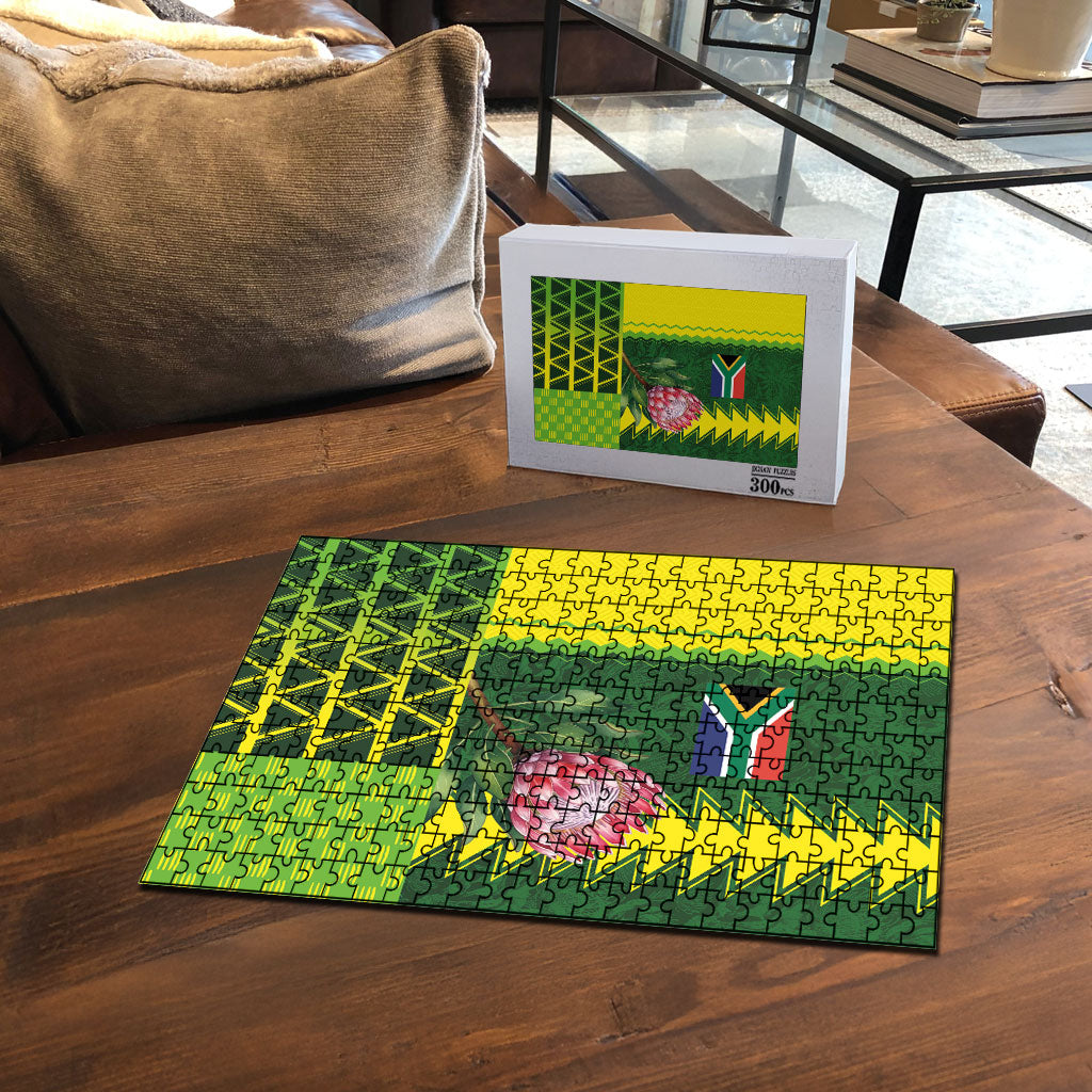 South Africa National Football Puzzle King Protea with African Tribal Geometric Pattern Culture Art