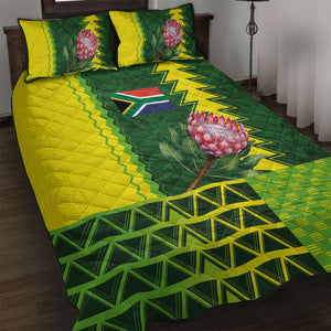 South Africa National Football Quilt Bed Set King Protea with African Tribal Geometric Pattern Culture Art