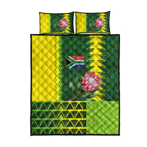 South Africa National Football Quilt Bed Set King Protea with African Tribal Geometric Pattern Culture Art