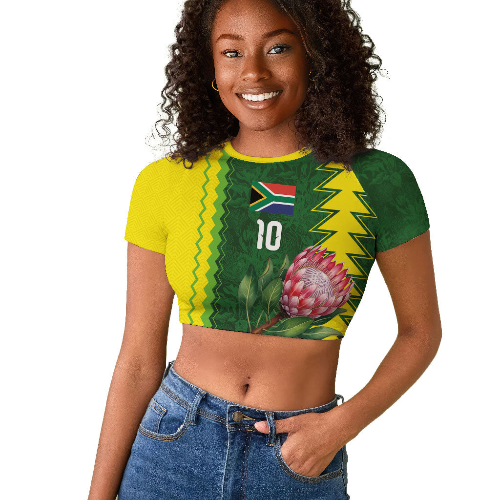 Custom South Africa National Football Raglan Cropped T shirt King Protea with African Tribal Geometric Pattern Culture Art