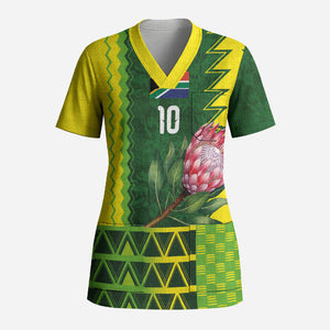 Custom South Africa National Football Scrub Top King Protea with African Tribal Geometric Pattern Culture Art