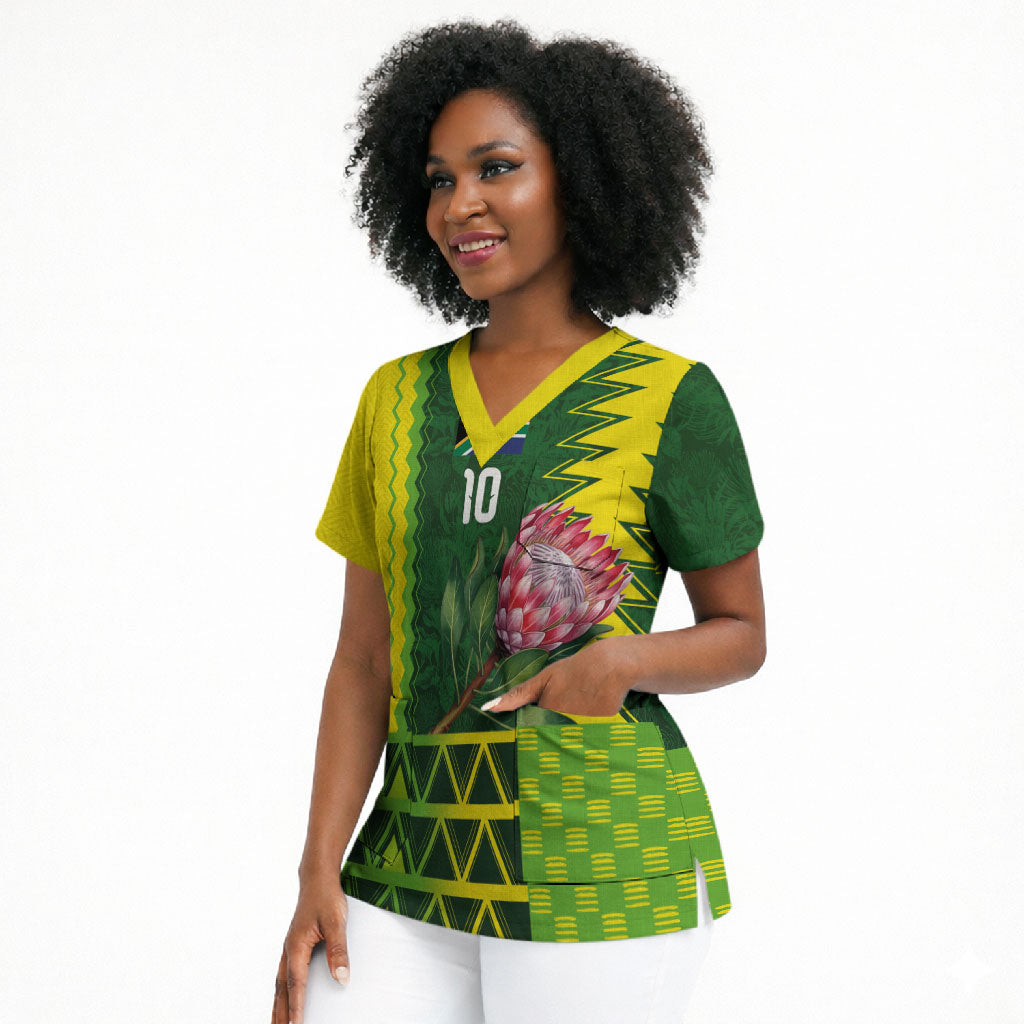 Custom South Africa National Football Scrub Top King Protea with African Tribal Geometric Pattern Culture Art