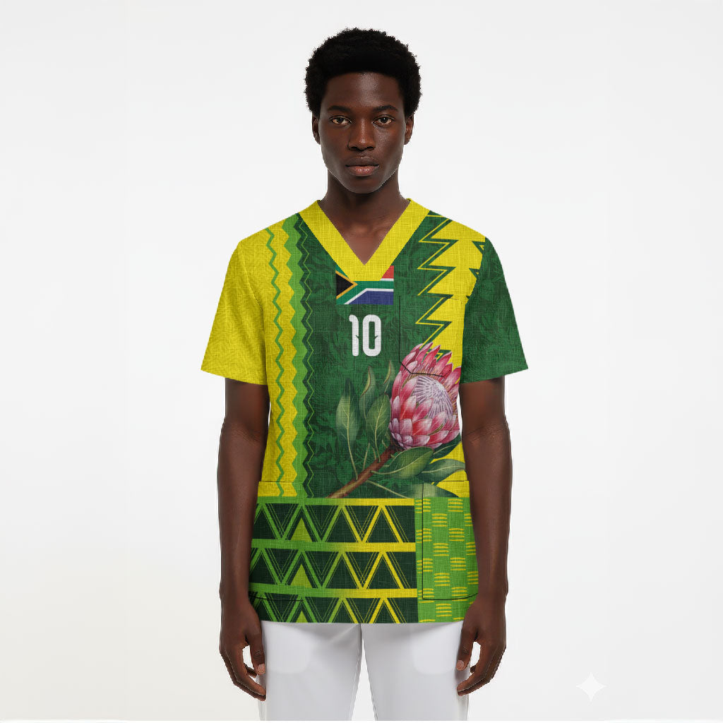 Custom South Africa National Football Scrub Top King Protea with African Tribal Geometric Pattern Culture Art