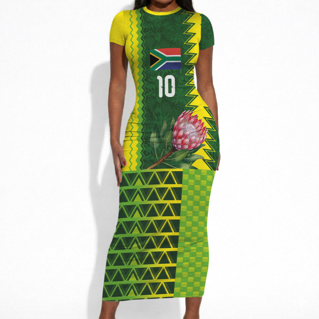 Custom South Africa National Football Short Sleeve Bodycon Dress King Protea with African Tribal Geometric Pattern Culture Art