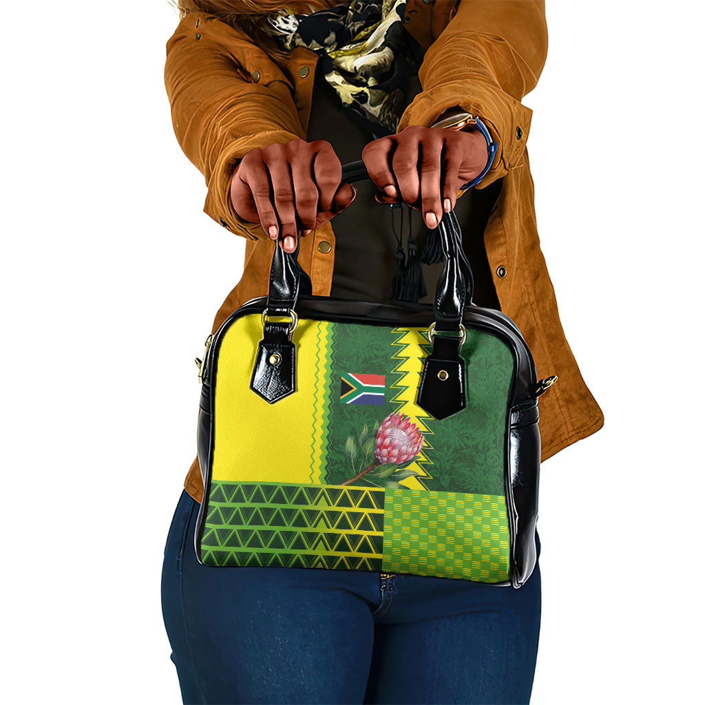 South Africa National Football Shoulder Handbag King Protea with African Tribal Geometric Pattern Culture Art