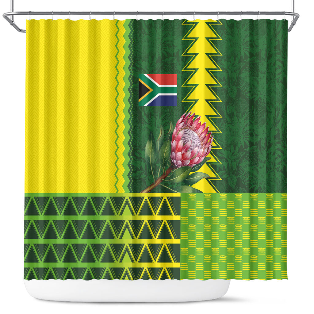 South Africa National Football Shower Curtain King Protea with African Tribal Geometric Pattern Culture Art