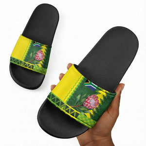 South Africa National Football Slide Sandals King Protea with African Tribal Geometric Pattern Culture Art