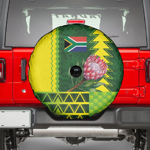 South Africa National Football Spare Tire Cover King Protea with African Tribal Geometric Pattern Culture Art