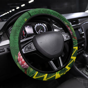 South Africa National Football Steering Wheel Cover King Protea with African Tribal Geometric Pattern Culture Art