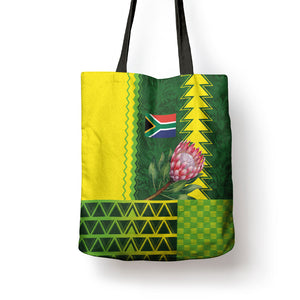 South Africa National Football Tote Bag King Protea with African Tribal Geometric Pattern Culture Art