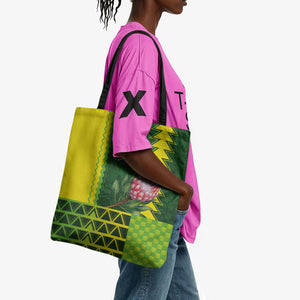 South Africa National Football Tote Bag King Protea with African Tribal Geometric Pattern Culture Art