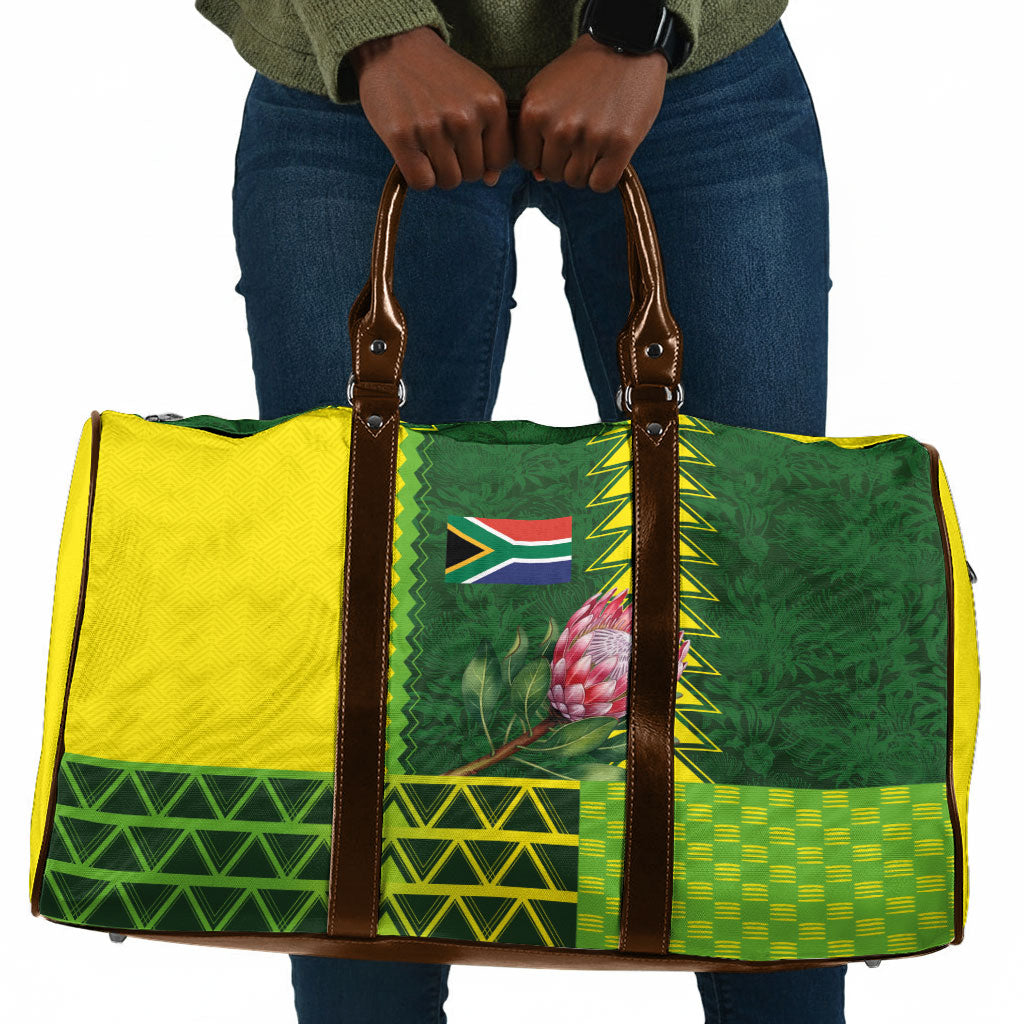 South Africa National Football Travel Bag King Protea with African Tribal Geometric Pattern Culture Art