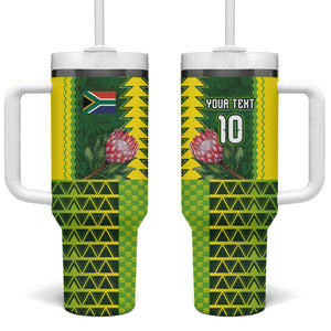 Custom South Africa National Football Tumbler With Handle King Protea with African Tribal Geometric Pattern Culture Art