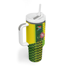 Custom South Africa National Football Tumbler With Handle King Protea with African Tribal Geometric Pattern Culture Art