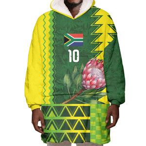 Custom South Africa National Football Wearable Blanket Hoodie King Protea with African Tribal Geometric Pattern Culture Art
