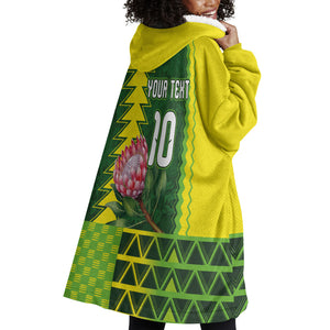 Custom South Africa National Football Wearable Blanket Hoodie King Protea with African Tribal Geometric Pattern Culture Art