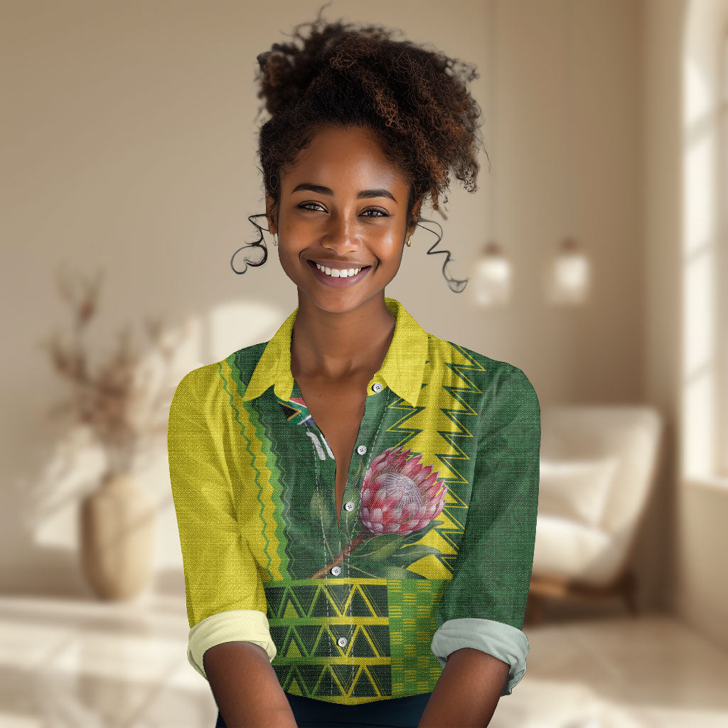 Custom South Africa National Football Women Casual Shirt King Protea with African Tribal Geometric Pattern Culture Art