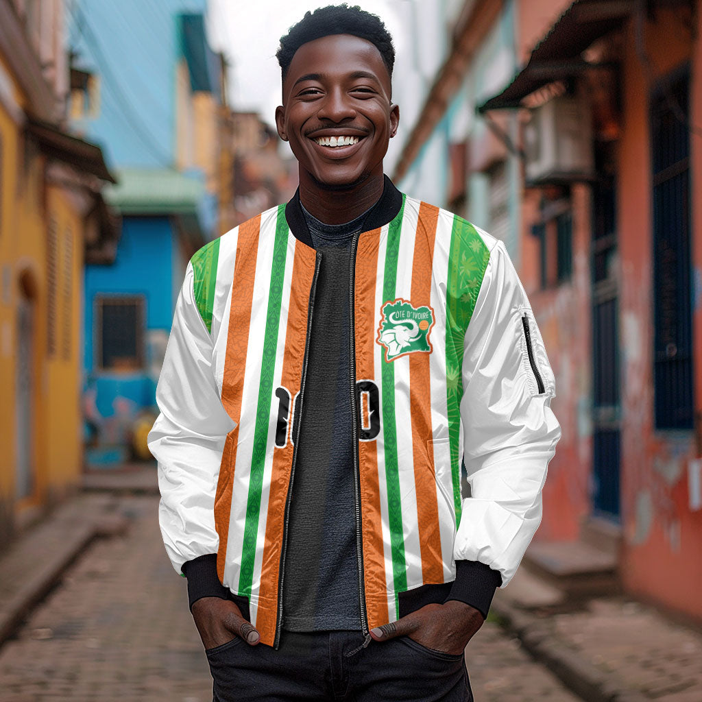 Custom Cote d'Ivoire Sleeve Zip Bomber Jacket The Elephants with African Pattern Stripes