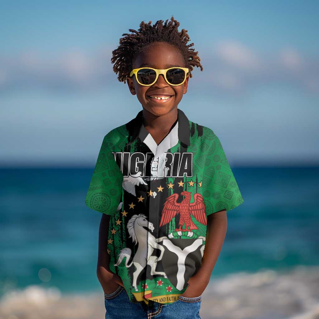 Nigeria Independence Day Kid Hawaiian Shirt - National Seal with Peace Dove - African Pattern