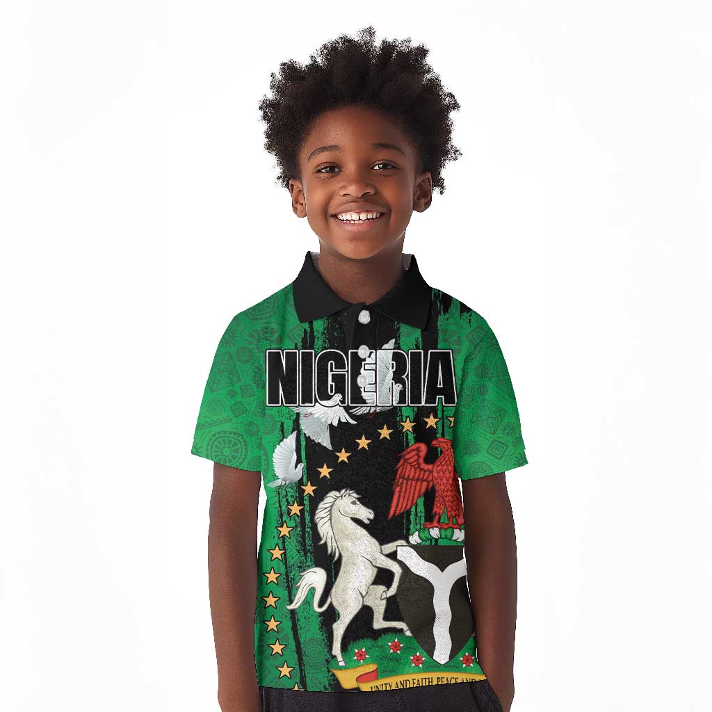 Nigeria Independence Day Kid Polo Shirt - National Seal with Peace Dove - African Pattern