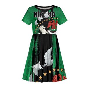 Nigeria Independence Day Kid Short Sleeve Dress - National Seal with Peace Dove - African Pattern