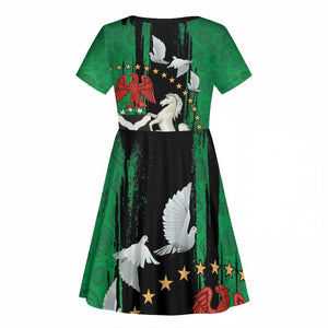 Nigeria Independence Day Kid Short Sleeve Dress - National Seal with Peace Dove - African Pattern