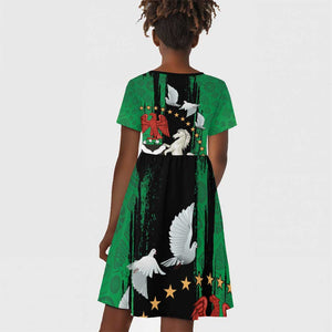 Nigeria Independence Day Kid Short Sleeve Dress - National Seal with Peace Dove - African Pattern