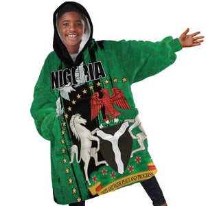 Nigeria Independence Day KId Wearable Blanket Hoodie - National Seal with Peace Dove - African Pattern