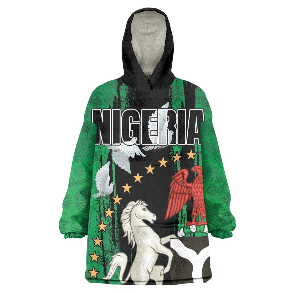 Nigeria Independence Day KId Wearable Blanket Hoodie - National Seal with Peace Dove - African Pattern