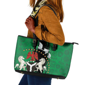 Nigeria Independence Day Leather Tote Bag - National Seal with Peace Dove - African Pattern