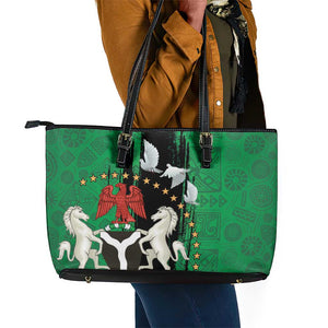 Nigeria Independence Day Leather Tote Bag - National Seal with Peace Dove - African Pattern