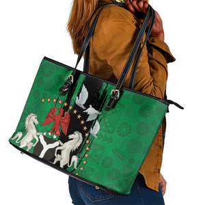 Nigeria Independence Day Leather Tote Bag - National Seal with Peace Dove - African Pattern