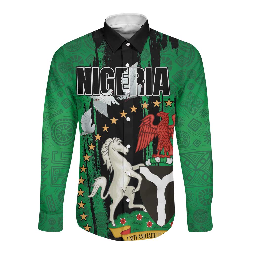 Nigeria Independence Day Long Sleeve Button Shirt - National Seal with Peace Dove - African Pattern