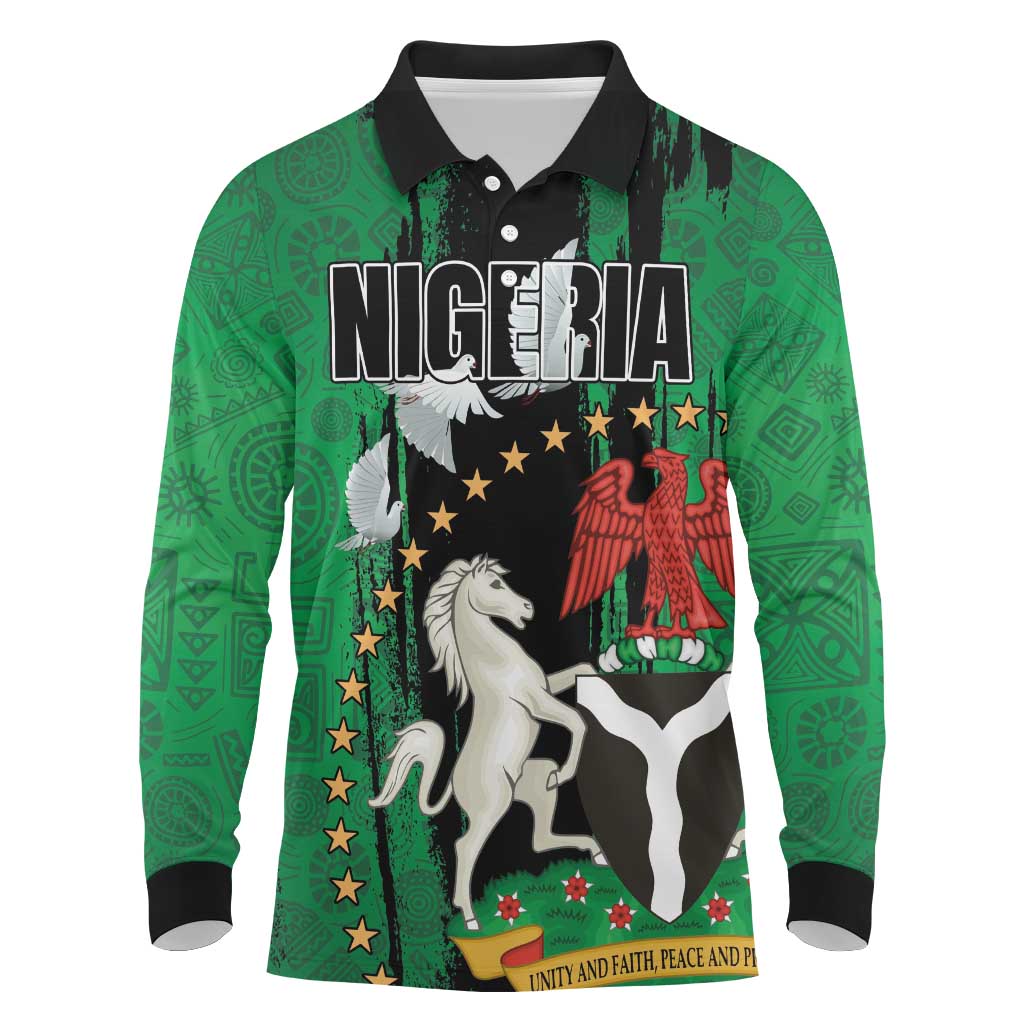 Nigeria Independence Day Long Sleeve Polo Shirt - National Seal with Peace Dove - African Pattern