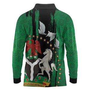 Nigeria Independence Day Long Sleeve Polo Shirt - National Seal with Peace Dove - African Pattern