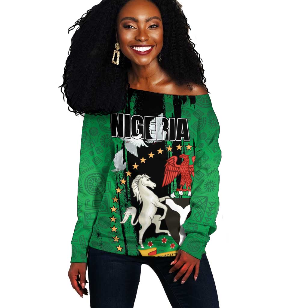 Nigeria Independence Day Off Shoulder Sweater - National Seal with Peace Dove - African Pattern