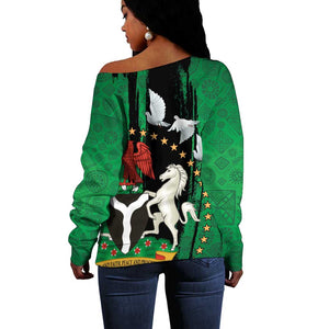 Nigeria Independence Day Off Shoulder Sweater - National Seal with Peace Dove - African Pattern