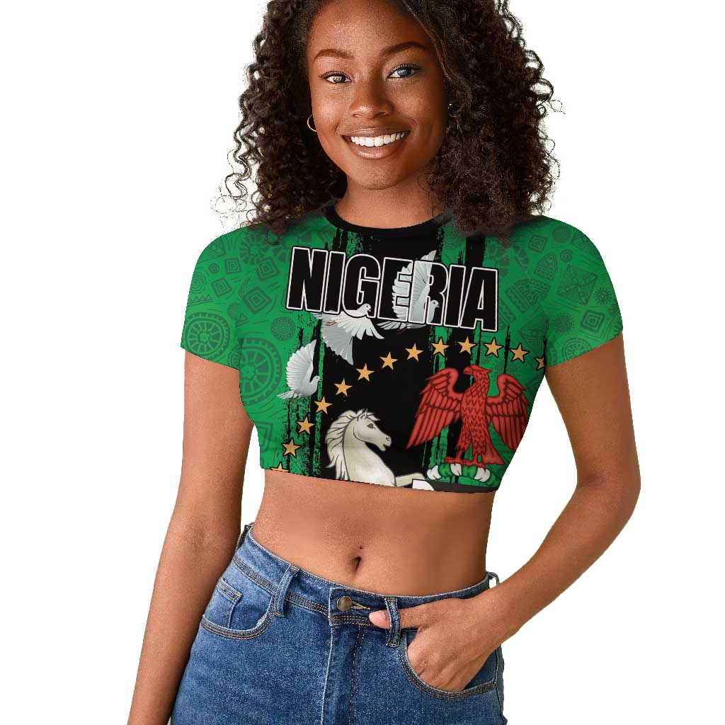 Nigeria Independence Day Raglan Cropped T shirt - National Seal with Peace Dove - African Pattern