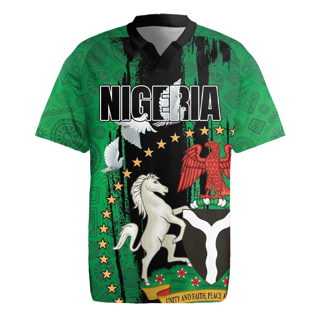 Nigeria Independence Day Rugby Jersey - National Seal with Peace Dove - African Pattern