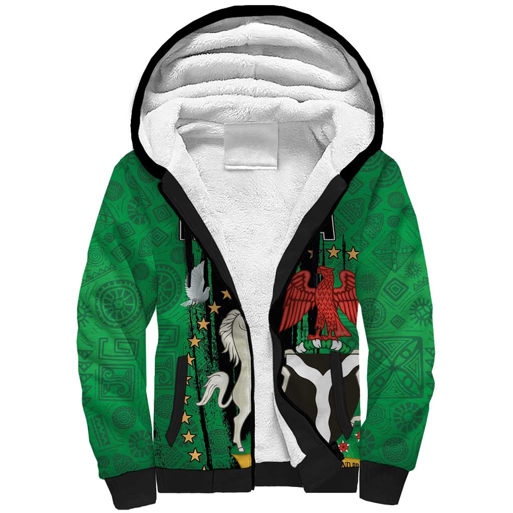 Nigeria Independence Day Sherpa Hoodie - National Seal with Peace Dove - African Pattern