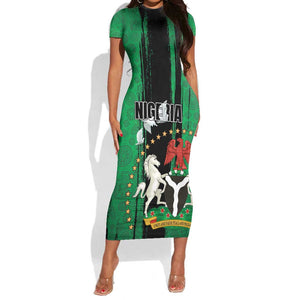 Nigeria Independence Day Short Sleeve Bodycon Dress - National Seal with Peace Dove - African Pattern