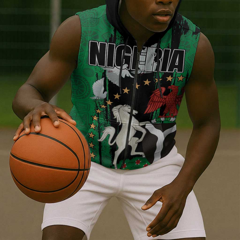 Nigeria Independence Day Sleeveless Zip Hoodie - National Seal with Peace Dove - African Pattern - African Pride