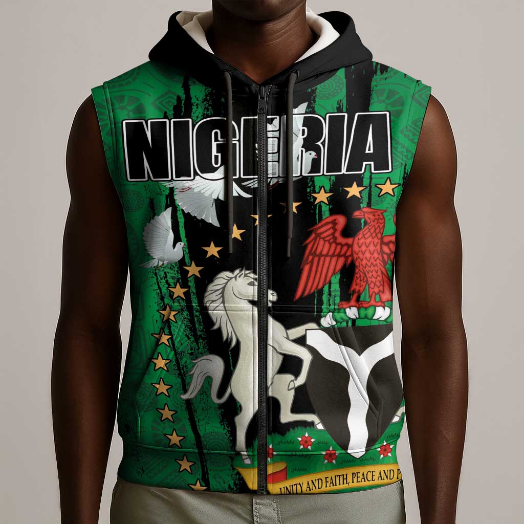Nigeria Independence Day Sleeveless Zip Hoodie - National Seal with Peace Dove - African Pattern - African Pride