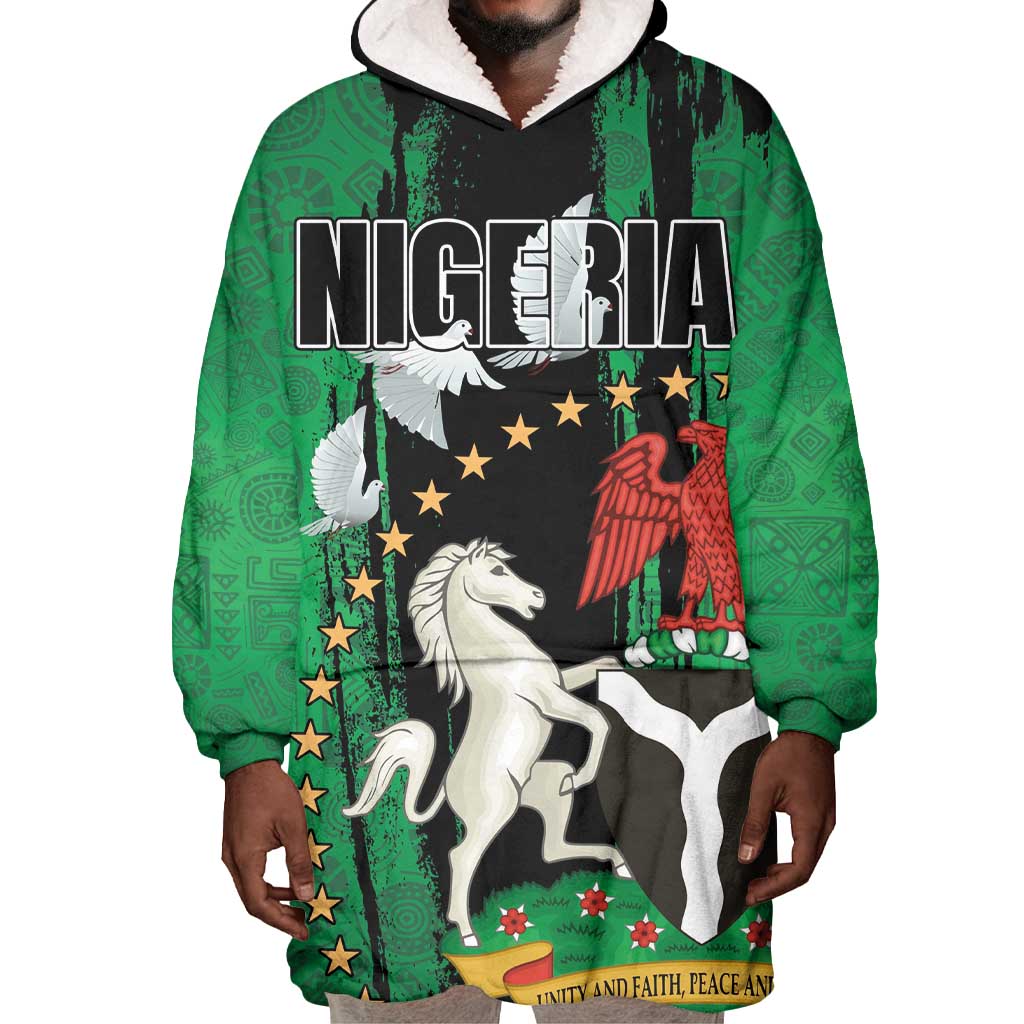 Nigeria Independence Day Wearable Blanket Hoodie - National Seal with Peace Dove - African Pattern