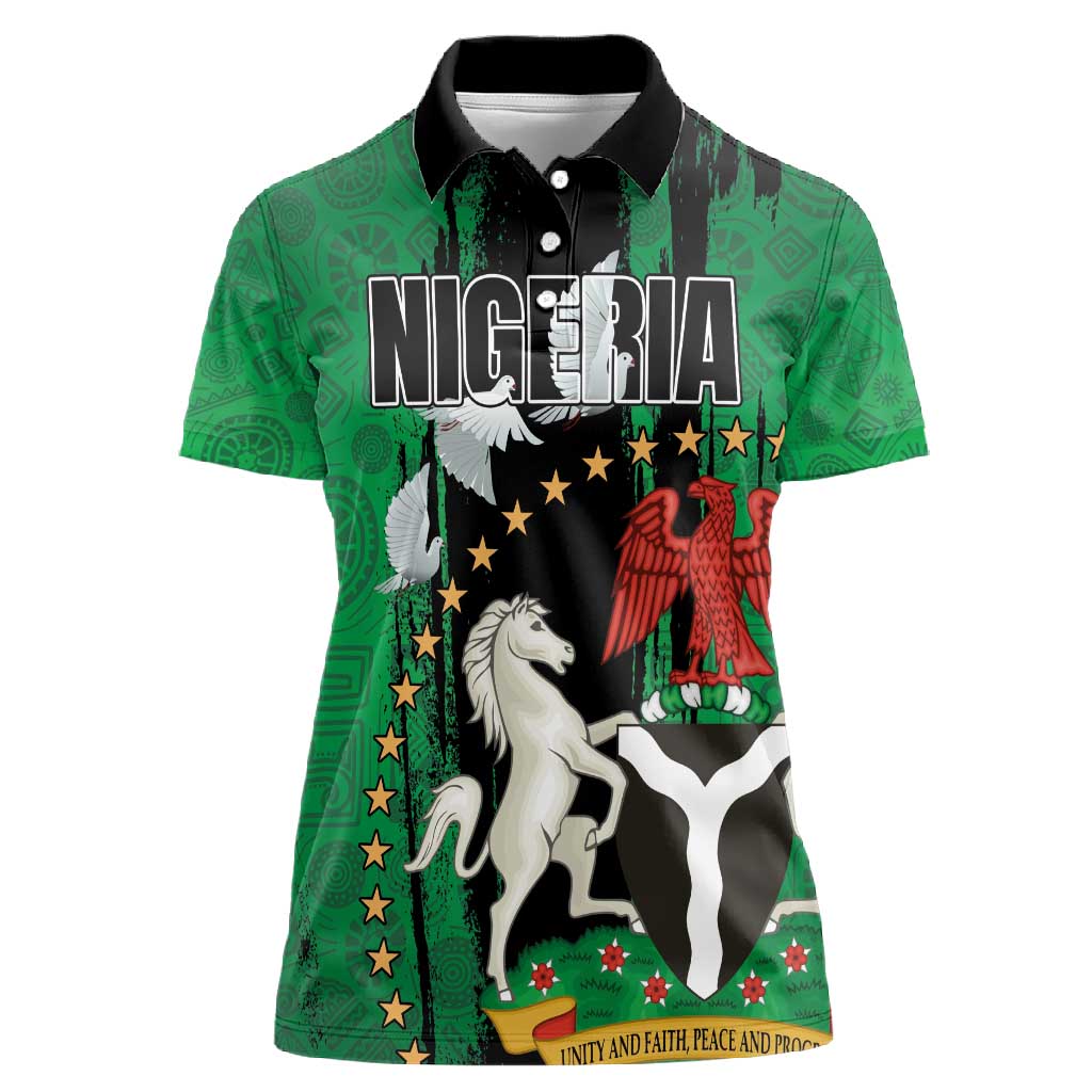 Nigeria Independence Day Women Polo Shirt - National Seal with Peace Dove - African Pattern