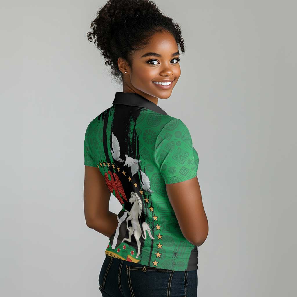 Nigeria Independence Day Women Polo Shirt - National Seal with Peace Dove - African Pattern