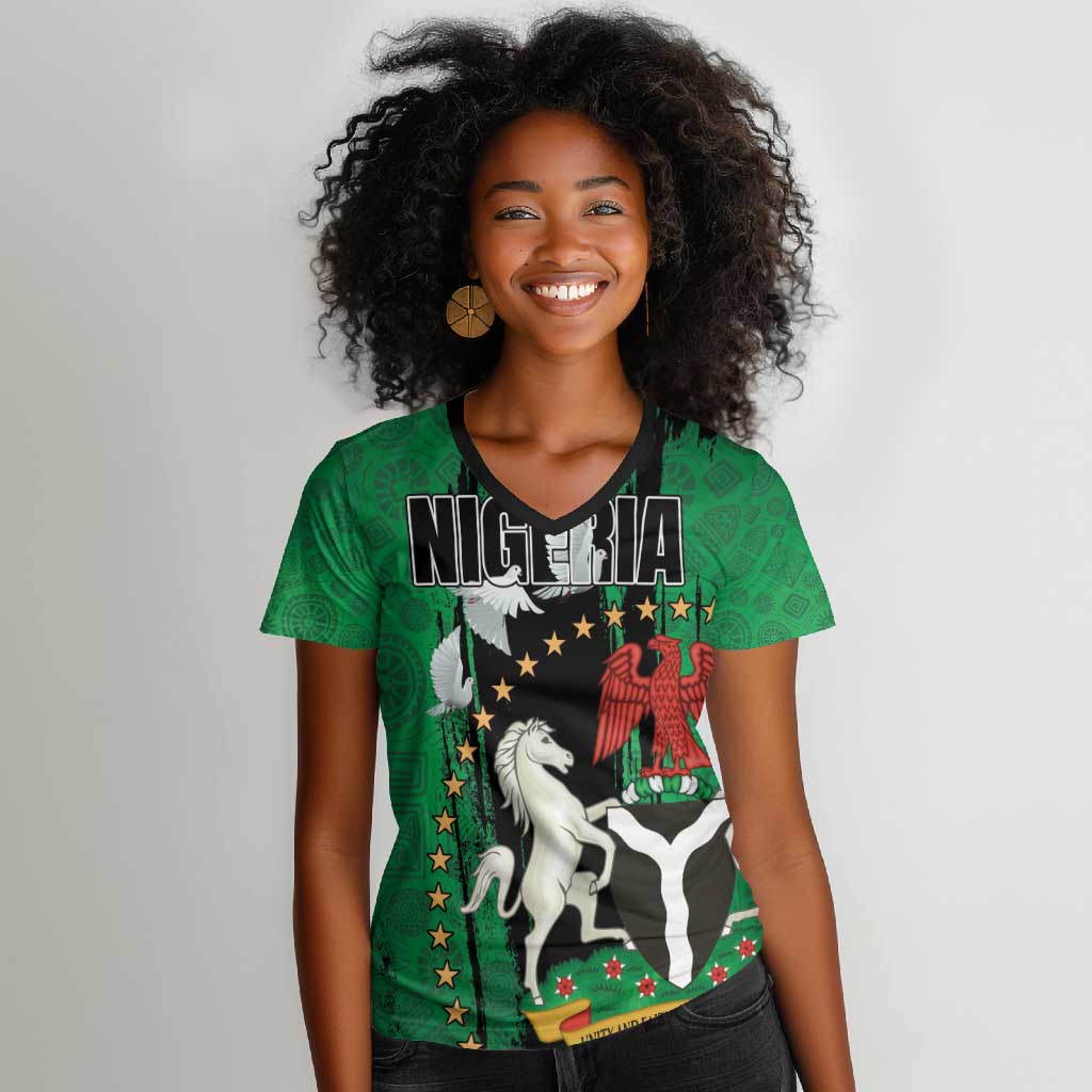 Nigeria Independence Day Women V-Neck T-Shirt - National Seal with Peace Dove - African Pattern