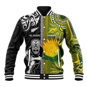 Custom Rugby New Zealand and South Africa Baseball Jacket Greatest Rivalry Silver Fern and Antelope
